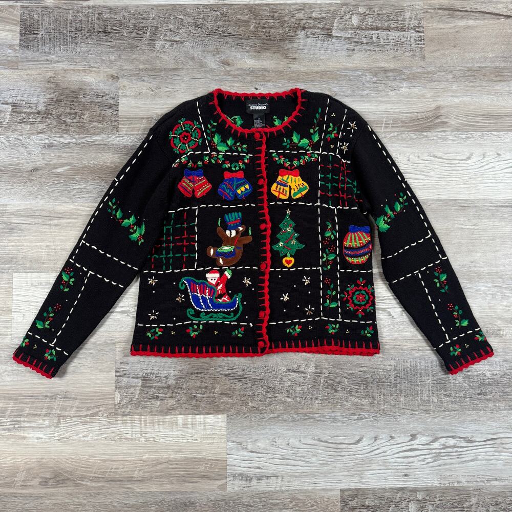Vintage 90s Christmas Ugly Sweater Cardigan Holiday Beaded Embroidered Knit M